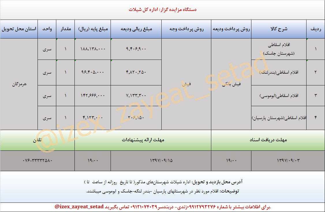 مزایده اموال اسقاطی اداره کل شیلات استان هرمزگان
