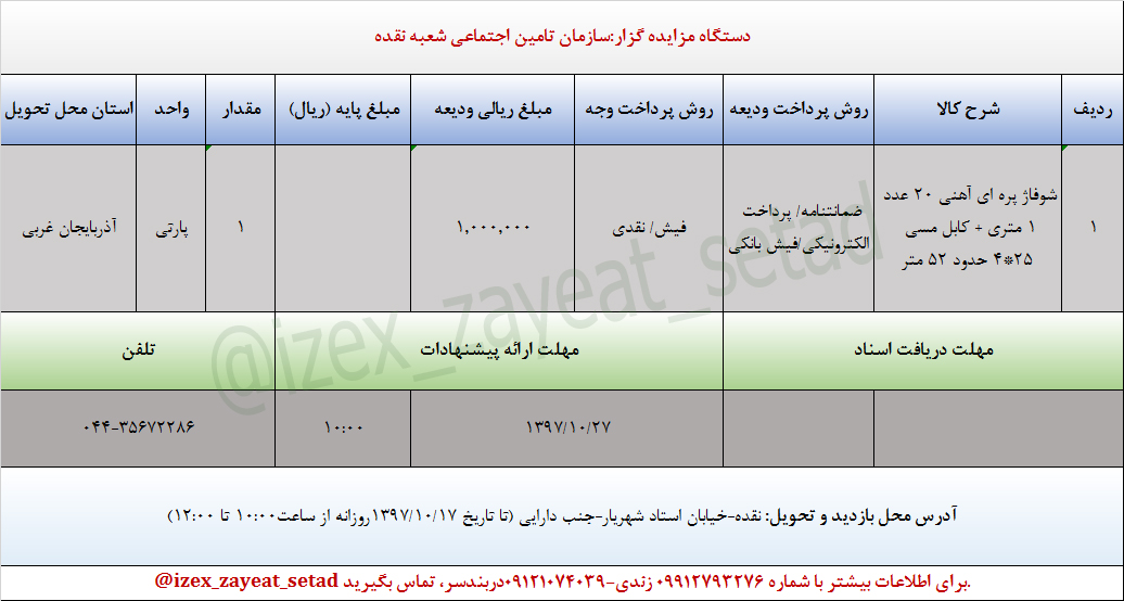 مزایده کابل مسی حدود و شوفاژ پره آهنی