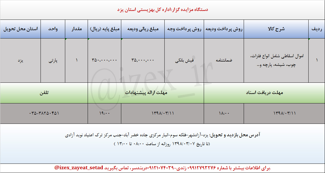 مزایده اموال اسقاطی اداره کل بهزیستی استان یزد